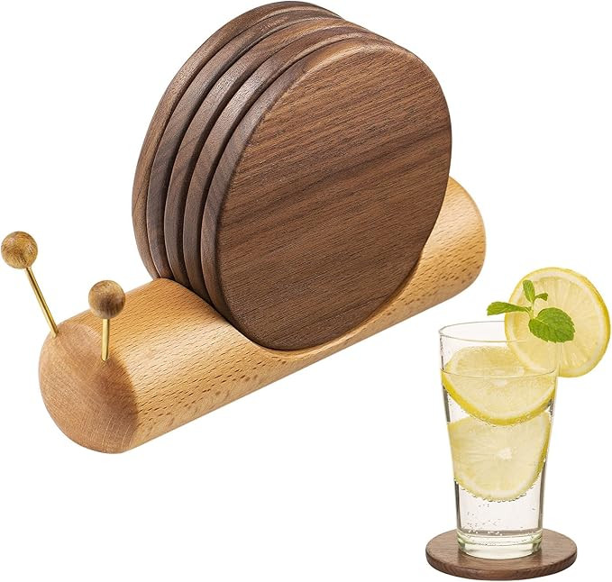 Wooden Coasters for Drinks-Natural Acacia Wood Drink Coaster with Magnetic for Coffee Table, Cute... | Amazon (US)