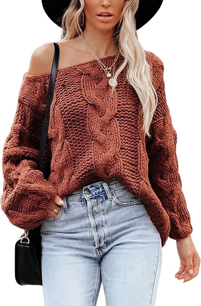 VIMPUNEC Womens Oversized Sweater Color Block Off The Shoulder Pullover Sweaters Cable Knit Chunky S | Amazon (US)