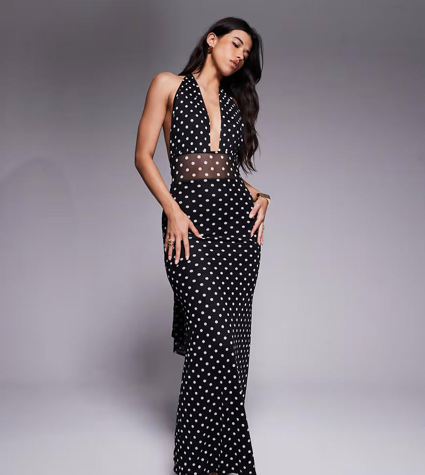 Kaiia exclusive plunge halterneck sheer panel maxi dress in mono polka dot-Multi | ASOS (Global)