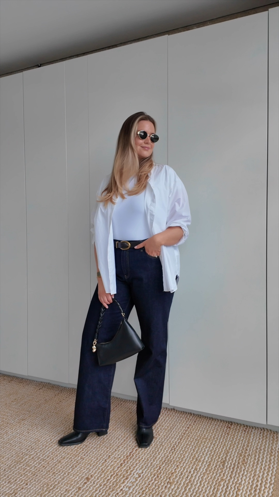 **7/30** midsize spring outfit ideas 🌷

Skims scoop naked bralette [XL]

Skims smoothing seamless tshirt [XL]

Boden white shirt [18]

Uniqlo jeans [W34 L33]

Vagabond hedda heel block boots [size up 1!]

Aupen nirvana bag [link not available]

Free People sunglasses

Gold buckle belt [OOS - Topshop]

spring outfit // midsize outfit // midsize style // spring outfit idea // spring style // midsize fashion // spring fashion // outfit inspiration // wide leg jeans // black heel boots // white shirt // skims 

#LTKSeasonal #LTKVideo #LTKmidsize