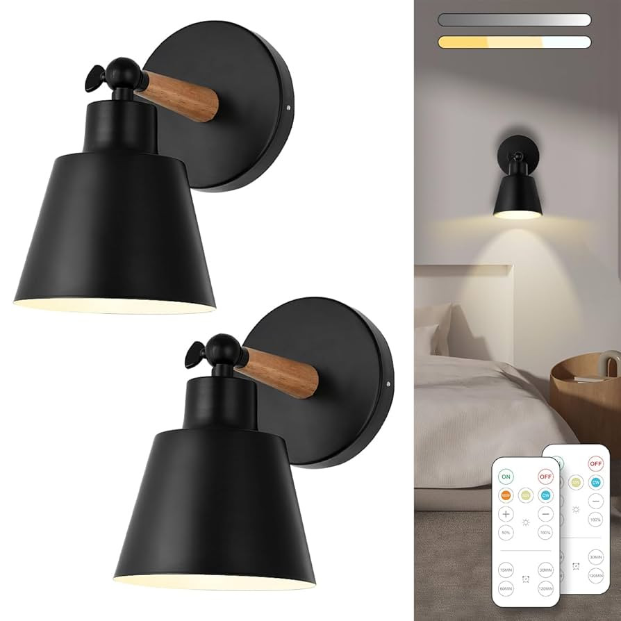 Black Battery Operated Wall Sconce Set of Two, Easy to Install Wireless Lights for Wall, Remote C... | Amazon (US)