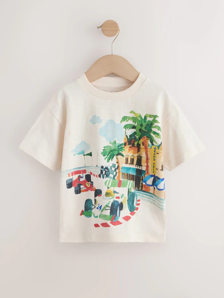 Cream Watercolour Race Car Scene Short Sleeve Back Print T-Shirt (3mths-7yrs) | Next US