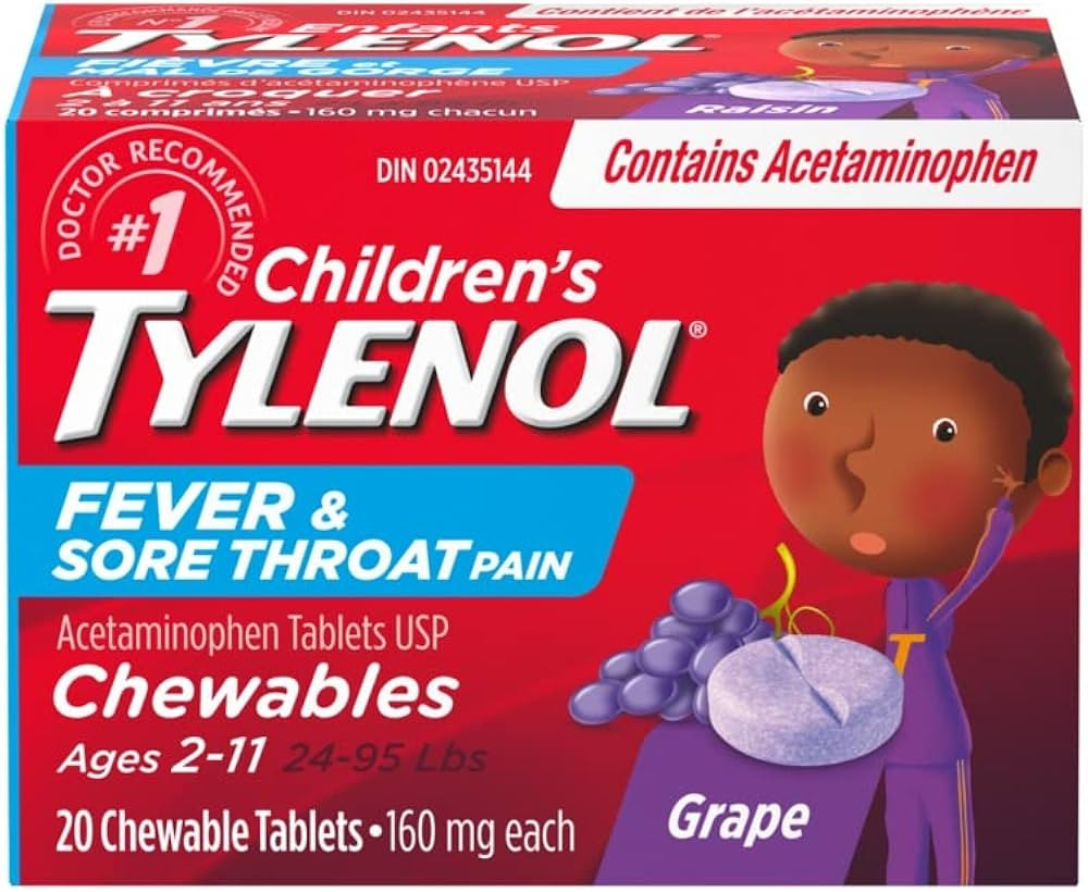 TYLENOL Children's Fever and Sore Throat Pain Chewables, Relieves Fever and Sore Throat Pain 20ct... | Amazon (CA)