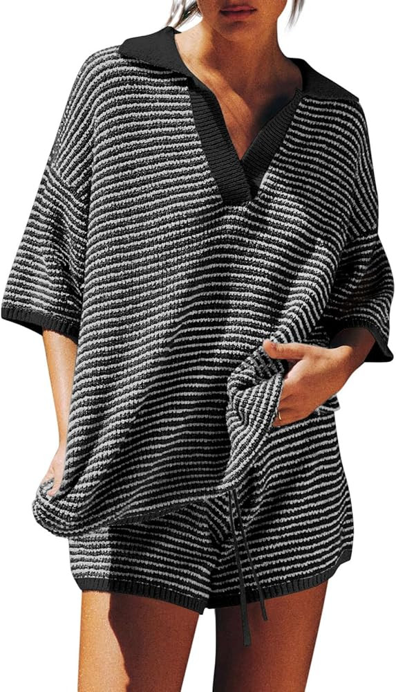 Tankaneo Womens Sweater Set 2 Piece Outfits Oversized 3/4 Sleeve V Neck Knit Tops High Waisted Sh... | Amazon (US)