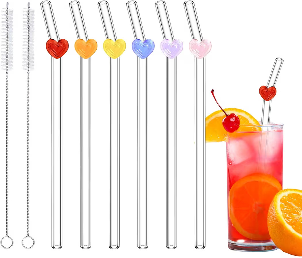 6 Pcs Heart Glass Straws, Cute Colorful Heart Bent Glass Straw Shatter Resistant, Reusable Love S... | Amazon (US)