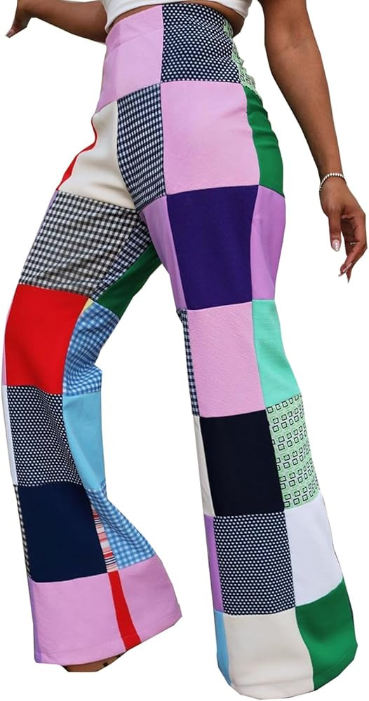 Bluewolfsea Women Flare Pants High Waisted Color Block Plaid Patchwork Bell Bottom Flare Leggings... | Amazon (US)