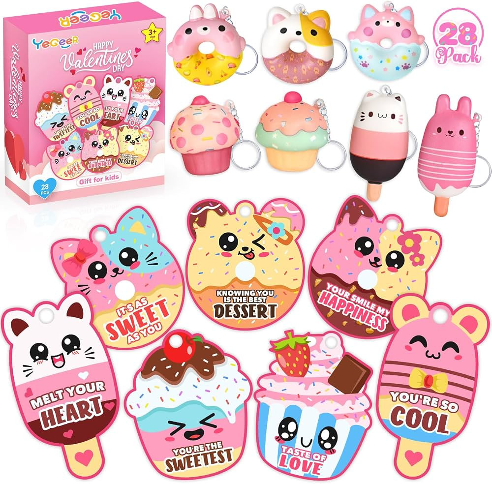 28 Pack Valentines Cards for Kids, Valentine Dessert Squishy Toys with Cards, Classroom Exchange ... | Amazon (US)