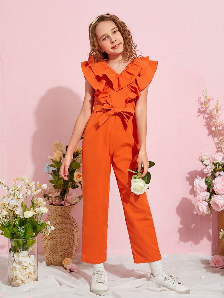 SHEIN Girls Ruffle Trim Belted Jumpsuit | SHEIN