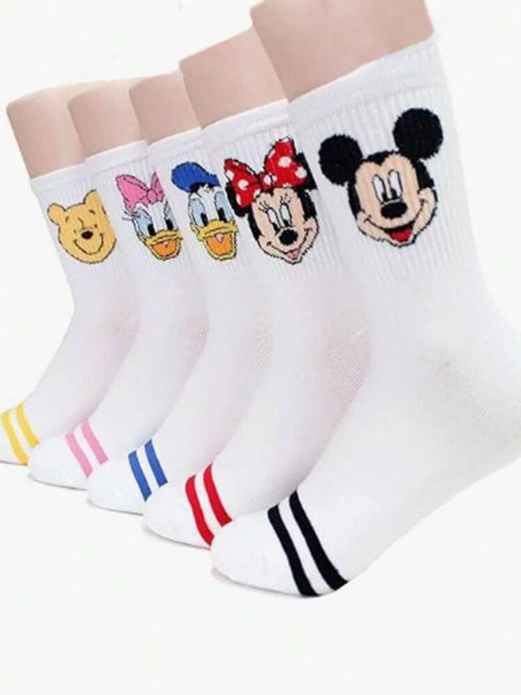 Disney 5 Pairs Disney Cartoon Character Jacquard Mid-Calf Socks, Including Mickey Mouse, Donald D... | SHEIN