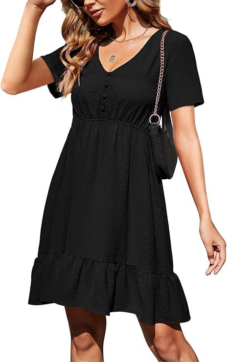 Amoretu Women's Long Sleeve Casual Dress V Neck Sundress Ruffle Hem Tunic Dress | Amazon (US)