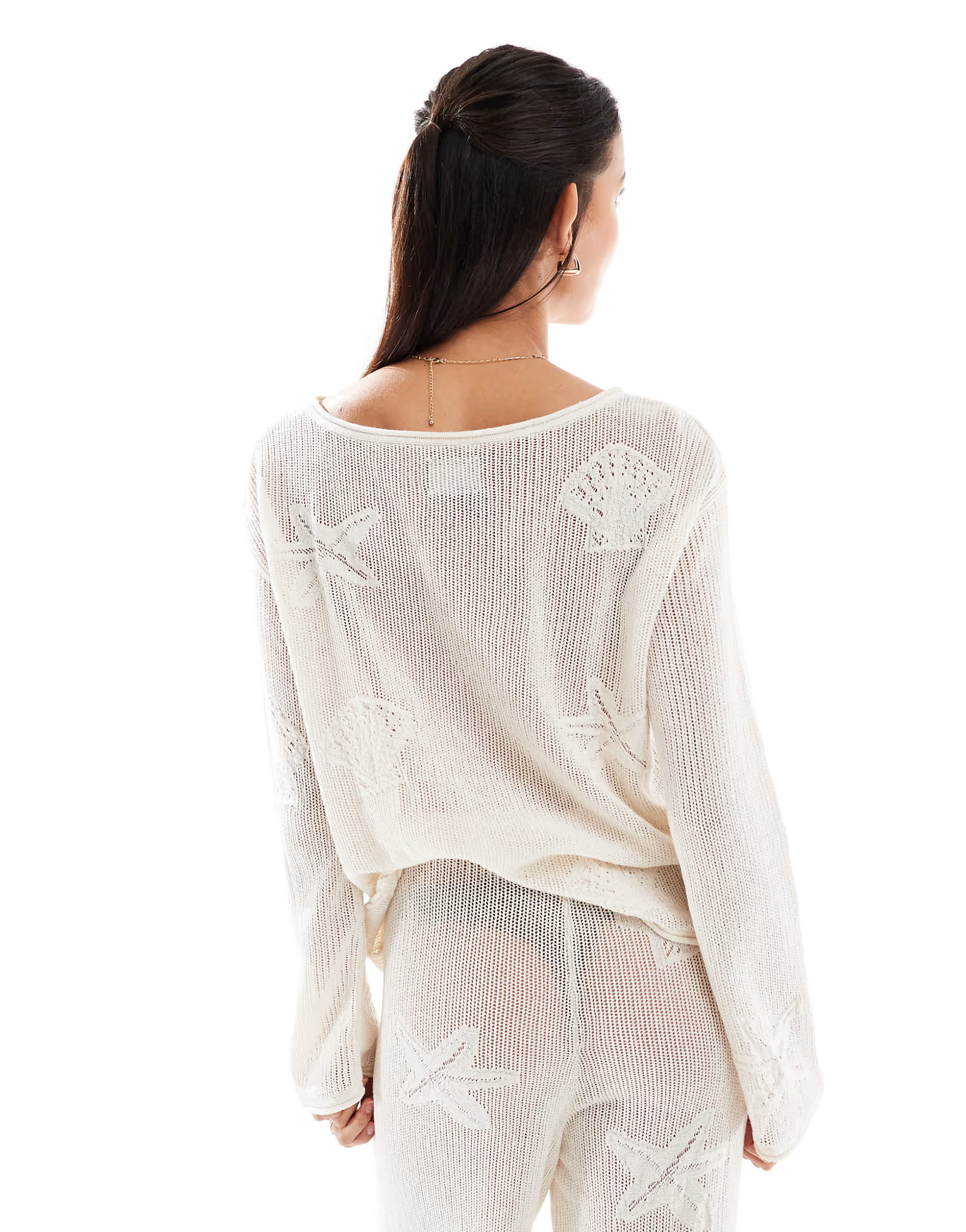 ASOS DESIGN lace knit slash neck top with shell motif in ecru | ASOS (Global)