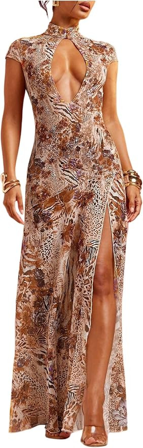 WDIRARA Women's Floral Animal Print Maxi Dress See Through Mock Neck High Split Ruffle Long Dress | Amazon (US)