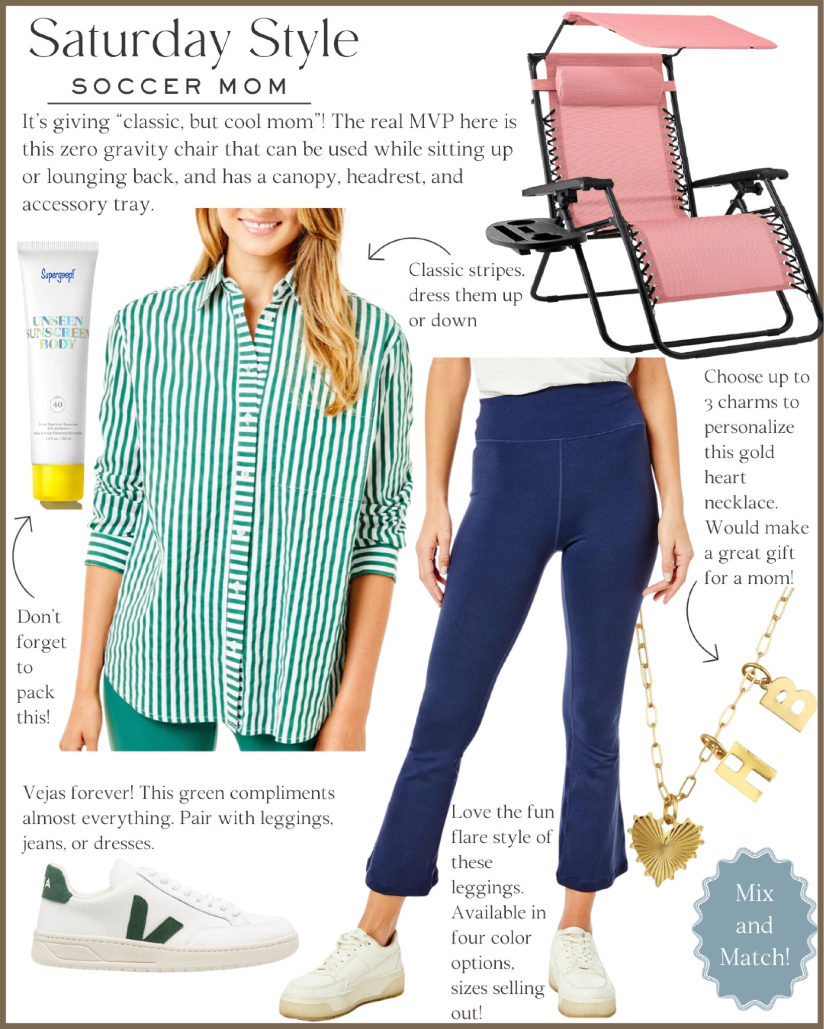 Casual everyday outfit for moms. I love that this striped button down can be dressed up with jeans and boots or dressed down with these flare leggings. Add green veja sneakers and my favorite heart and initial necklace (makes a great gift for mom), and you’re good to go! 

Soccer mom, classic style, casual outfit, ootd, folding lounge chair with a canopy, sunscreen #soccermom #momstyle #casualootd #casualoutfit 

#LTKfindsunder100 #LTKstyletip #LTKSeasonal