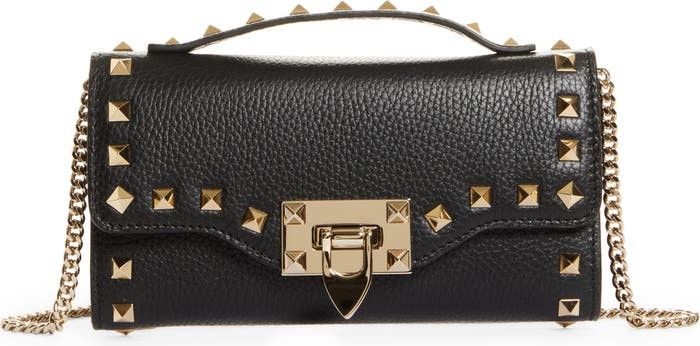 Valentino Garavani Rockstud Leather Wallet on a Chain Black Bag Black Bags Spring Outfits  | Nordstrom