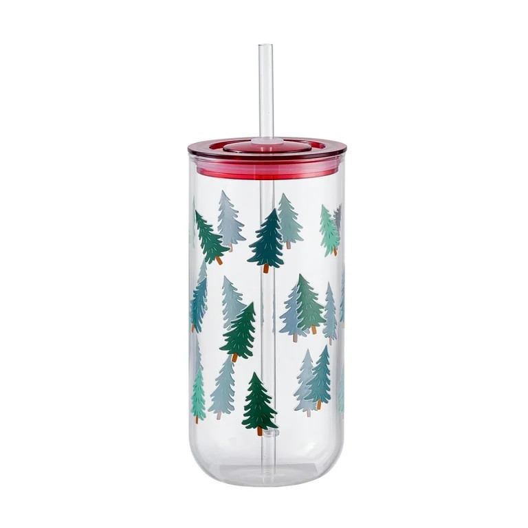 Christmas Trees Can Sipper Glass with Lid 20 OZ Holiday Time | Walmart (US)