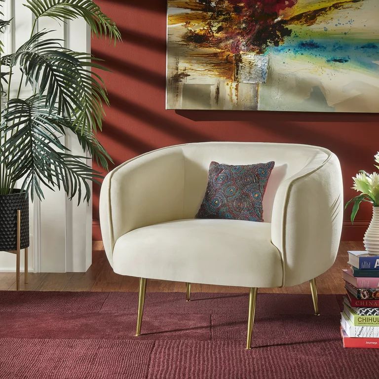 Ember Interiors Cuno Brass Finish Velvet Upholstered Accent Chair, Beige | Walmart (US)