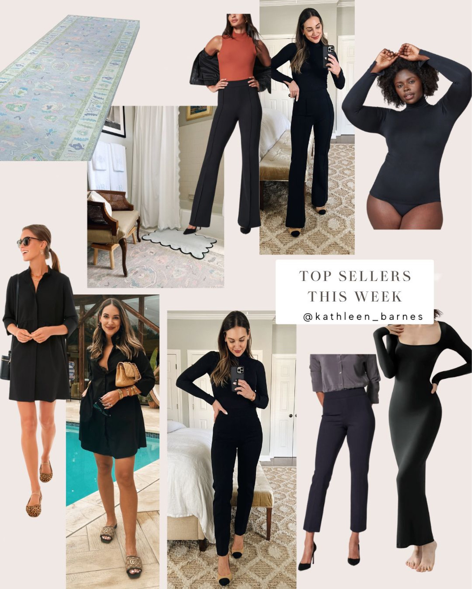 This weeks top sellers - oushak rug, black shirt dress, the softest turtleneck, everyday black slim straight pants, black high waist flare pants, Amazon skims dupe bodycon dress