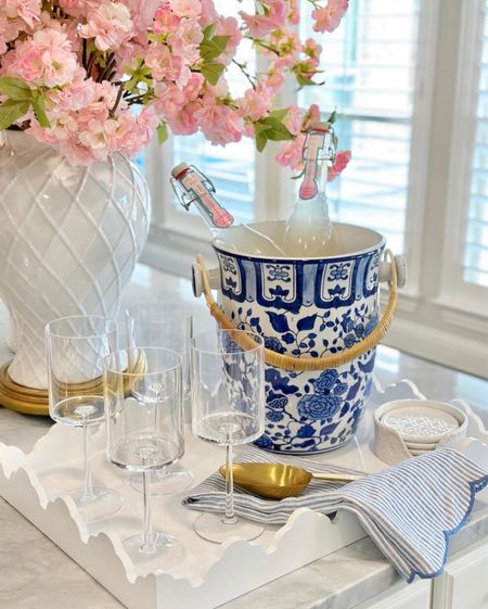 Blue and white ice bucket, scalloped tray, ginger jar, cherry blossom stems summer decor tea towel gold ice scoop outdoor dining  patio summer entertaining 

#LTKsalealert #LTKunder50 #LTKhome
