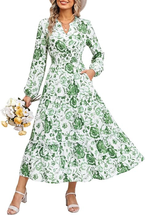 GRACE KARIN 2026 Women's Boho Floral Fall Wedding Guest Maxi Dresses/ Pockets,Long Sleeve,V Neck,... | Amazon (US)
