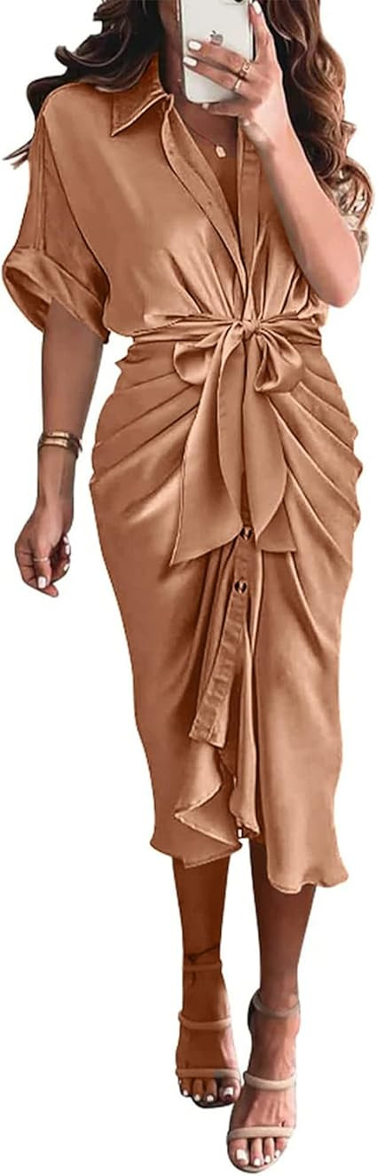 BTFBM Shirt Dresses for Women Spring Button Short Sleeve Silk Satin Ruched Maxi Summer Dress 2026... | Amazon (US)