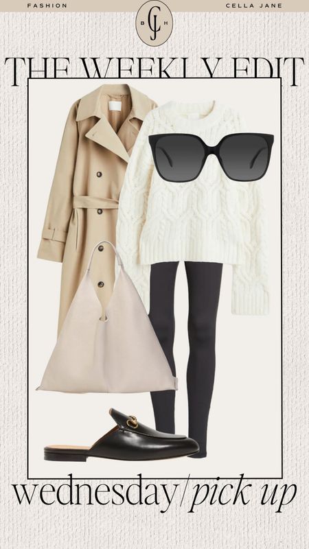 Cella Jane blog weekly edit outfit inspiration. Style inspiration. Wednesday school pick up. Casual style. Sweater, leggings, trench coat, slouchy tote, mules  

#LTKstyletip