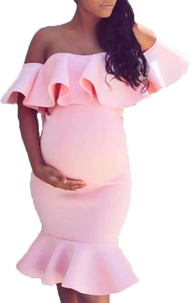 Cichic Women's Maternity Dress Off Shoulder Ruffle Sleeveless Bodycon Pink Dress for Baby Shower | Amazon (US)
