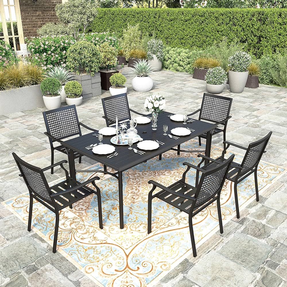 HERA'S HOUSE Patio Dining Set, Outdoor Rectangular Table with Umbrella Hole and Stackable Dining ... | Amazon (US)