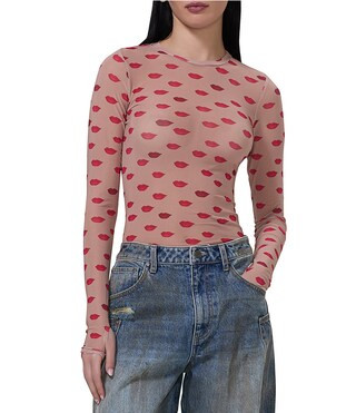 AFRM Kaylee Mesh Kiss Print Crew Neck Long Sleeve Top | Dillard's | Dillard's
