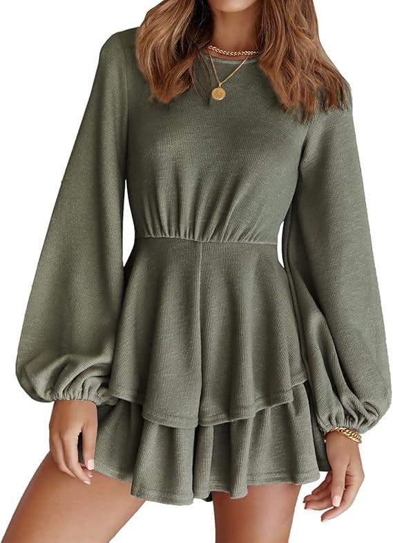 WICIWI Women Casual Lantern Long Sleeve Solid Mini Dress Jumpsuits Layered Ruffle Hem Hollow Out ... | Amazon (US)