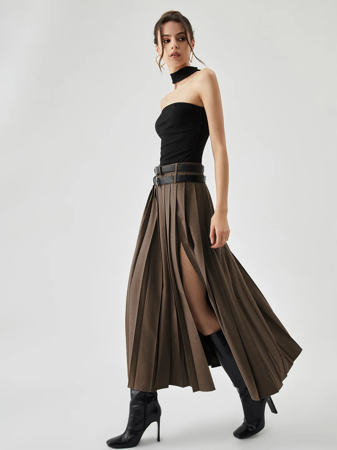 Pleated Split Maxi Skirt Without Belt | Commense