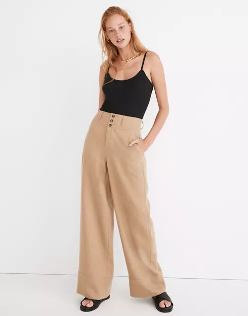 Button-Front Cuffed Wide-Leg Pants in Travel Linen-Blend | Madewell