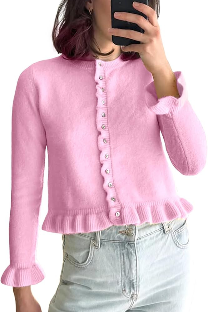 Wyeysyt Womens Cropped Cardigan Sweaters Ruffle Crewneck Button Down Cardigans 2026 | Amazon (US)