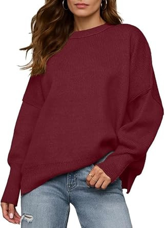 Qixing Sweaters for Women Fall Oversized Crewneck Batwing Long Sleeve Side Slit Ribbed Knit Cute Womens Sweaters | Amazon (CA)