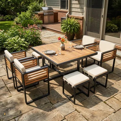 Acacia Wood Outdoor Dining Set, Space-Saving Patio Furniture with 4 Cushioned Chairs, 4 Ottomans & 1 Square Table, Suitable for Garden, Backyard, Deck | Wayfair North America