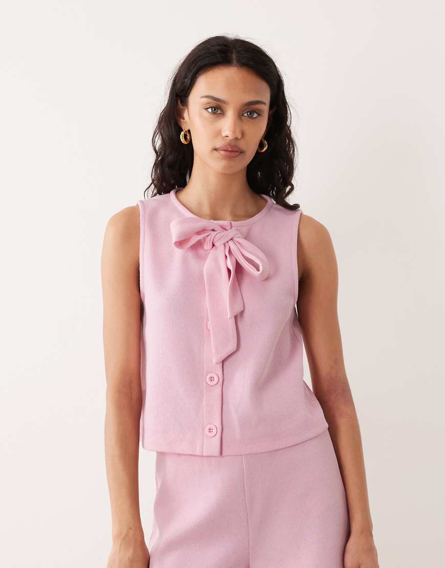 Miss Selfridge tie front button up sleeveless top in pink - part of a set | ASOS (Global)