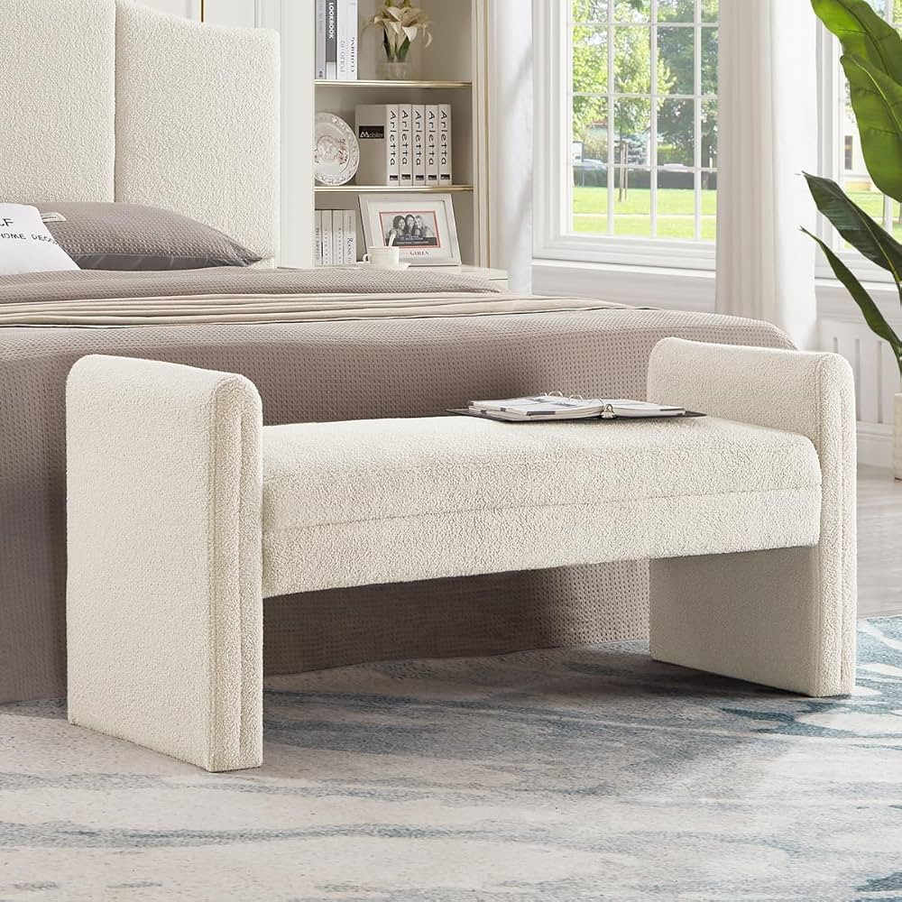 24KF Modern Boucle Teddy Lovely Bench, Upholstered Bed Bench Entryway Bench Ottoman with Armrest ... | Amazon (US)