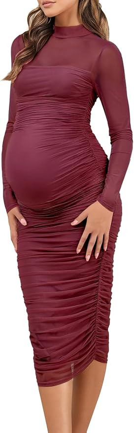 Dedysler Maternity Mesh Bodycon Dress for Wedding Guest Sexy Mock Neck Baby Shower Long Sleeve Pr... | Amazon (US)