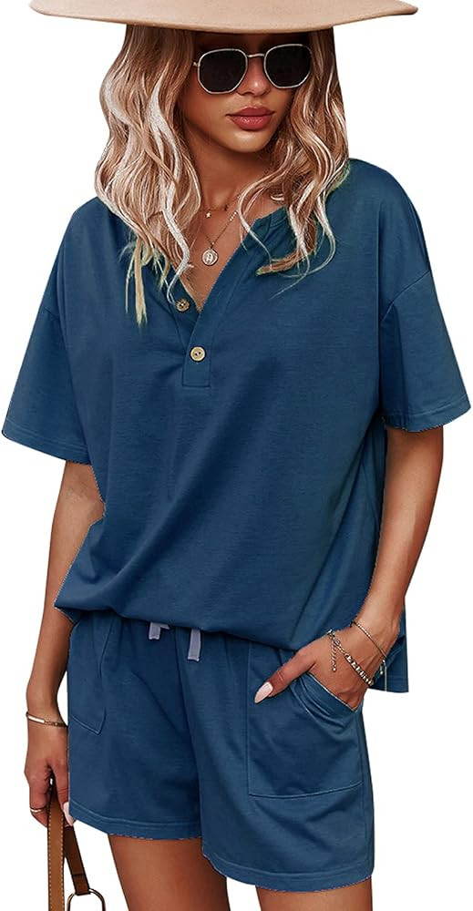 CORSKI Women's Short Sleeve Sweatsuit Sets Lounge 2 Piece V Neck Tracksuit Casual Loose Fit Outfi... | Amazon (US)