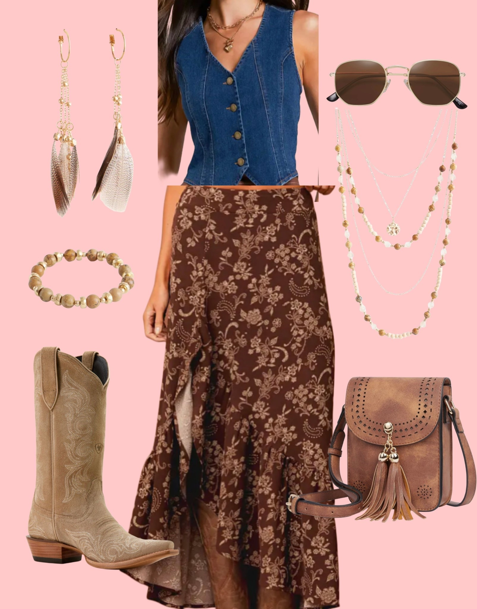 Western / country style! A perfect fall transition look with a dark wash denim vest and brown floral skirt! Add western boots and accessories!

#LTKSeasonal #LTKShoeCrush #LTKStyleTip