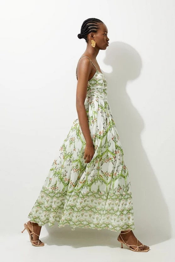 Silk Cotton Mirrored Floral Strappy Woven Maxi Dress | Karen Millen US