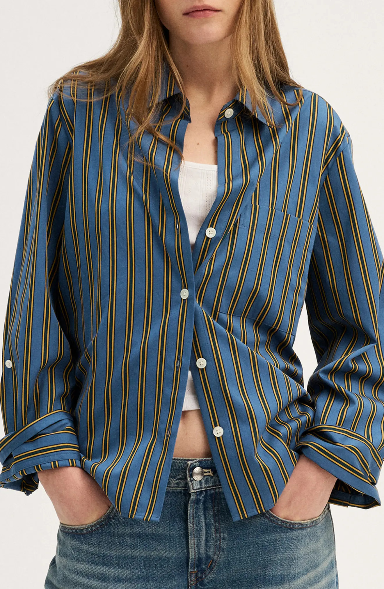 Madewell The Signature Stripe Y-Neck Shirt in Port Blue Stripe at Nordstrom, Size Medium | Nordstrom
