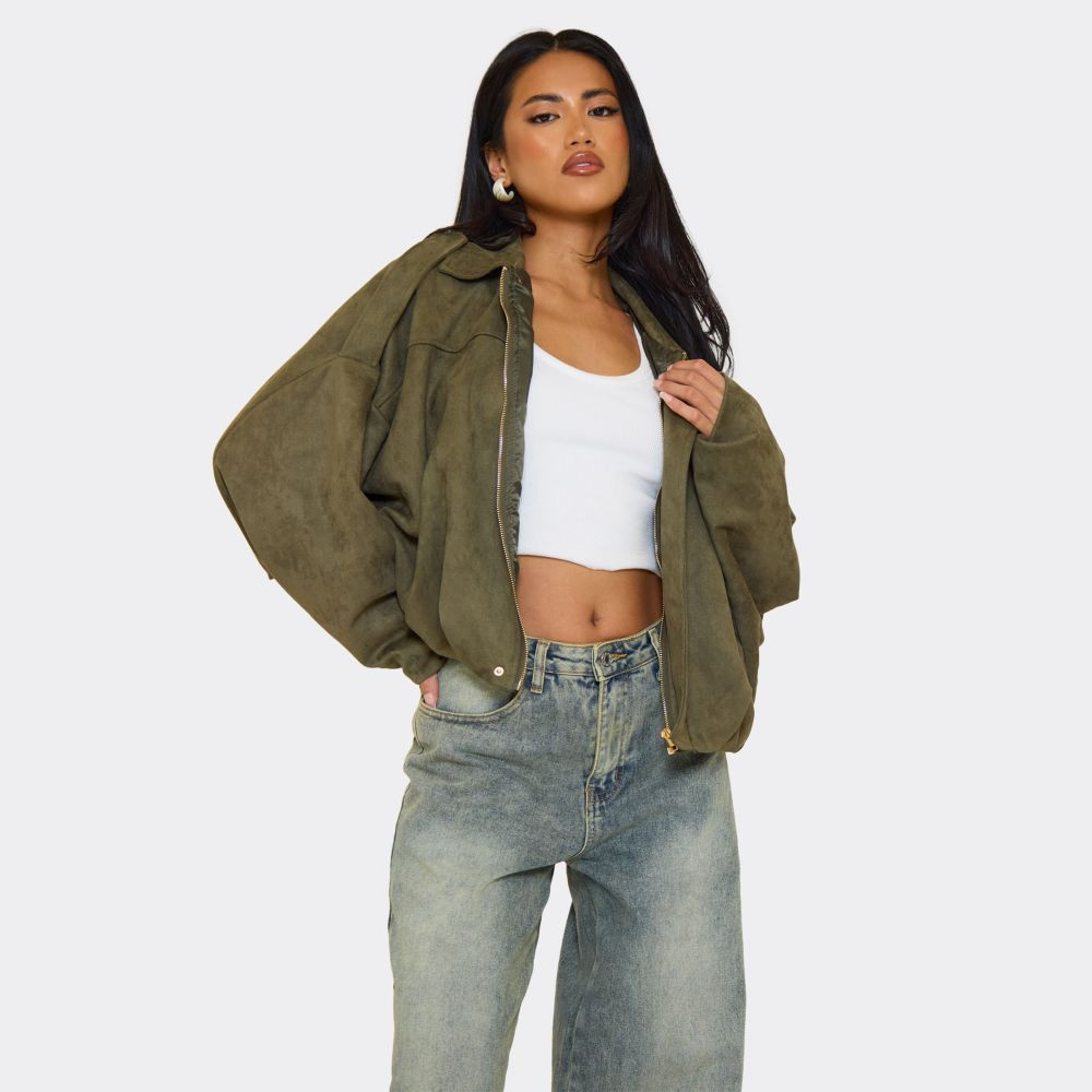 Long Sleeved Zip Front Collared Detail Bomber Jacket In Khaki Green | EGO (UK)