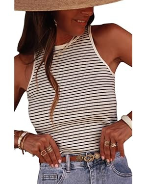 Women's Stripe Ribbed Knit Tank Tops Summer Casual Slim Fit Sleeveless Tops for Daily Wear | Amazon (US)