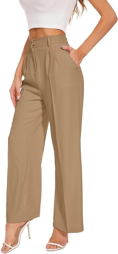 FUNYYZO Women's Wide Leg Pants High Elastic Waisted in The Back Business Work Trousers Long Strai... | Amazon (US)