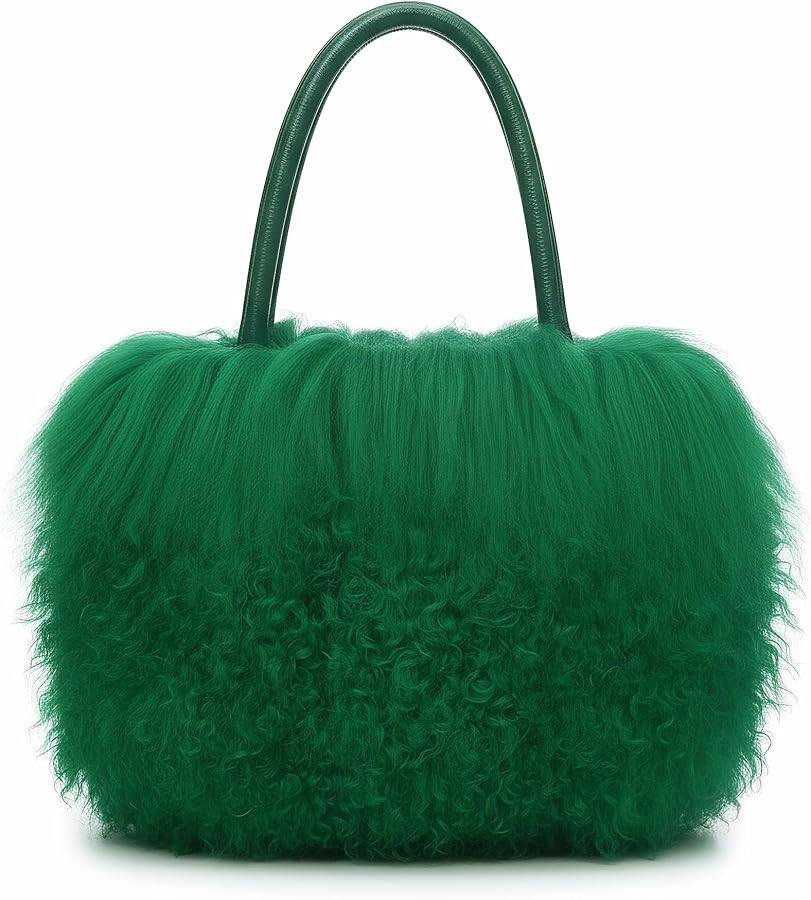 Women Luxury Real Lamb Mongolian Flush Wool Fur With Genuine Leather Handles Handbag | Amazon (US)