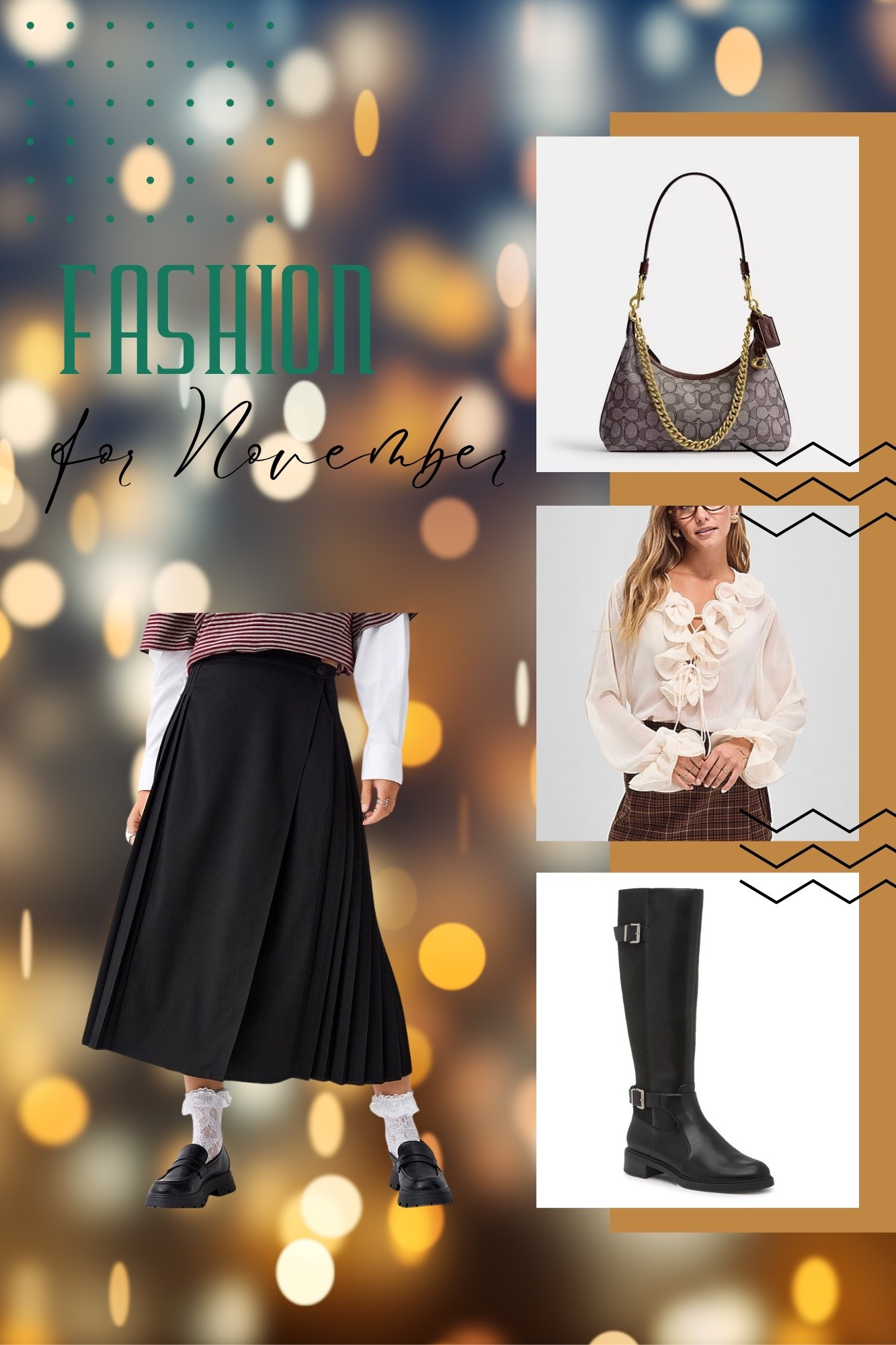 Fashion for the holiday season has never looked so good! Pleated midi skirt, ruffled blouse, riding boots and a beautiful Coach bag! Perfect!!🧡

#LTKholiday #LTKover50style #LTKfall