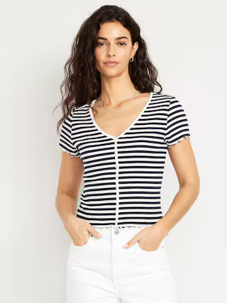 Ribbed Button-Down Lettuce-Edge Top | Old Navy (US)