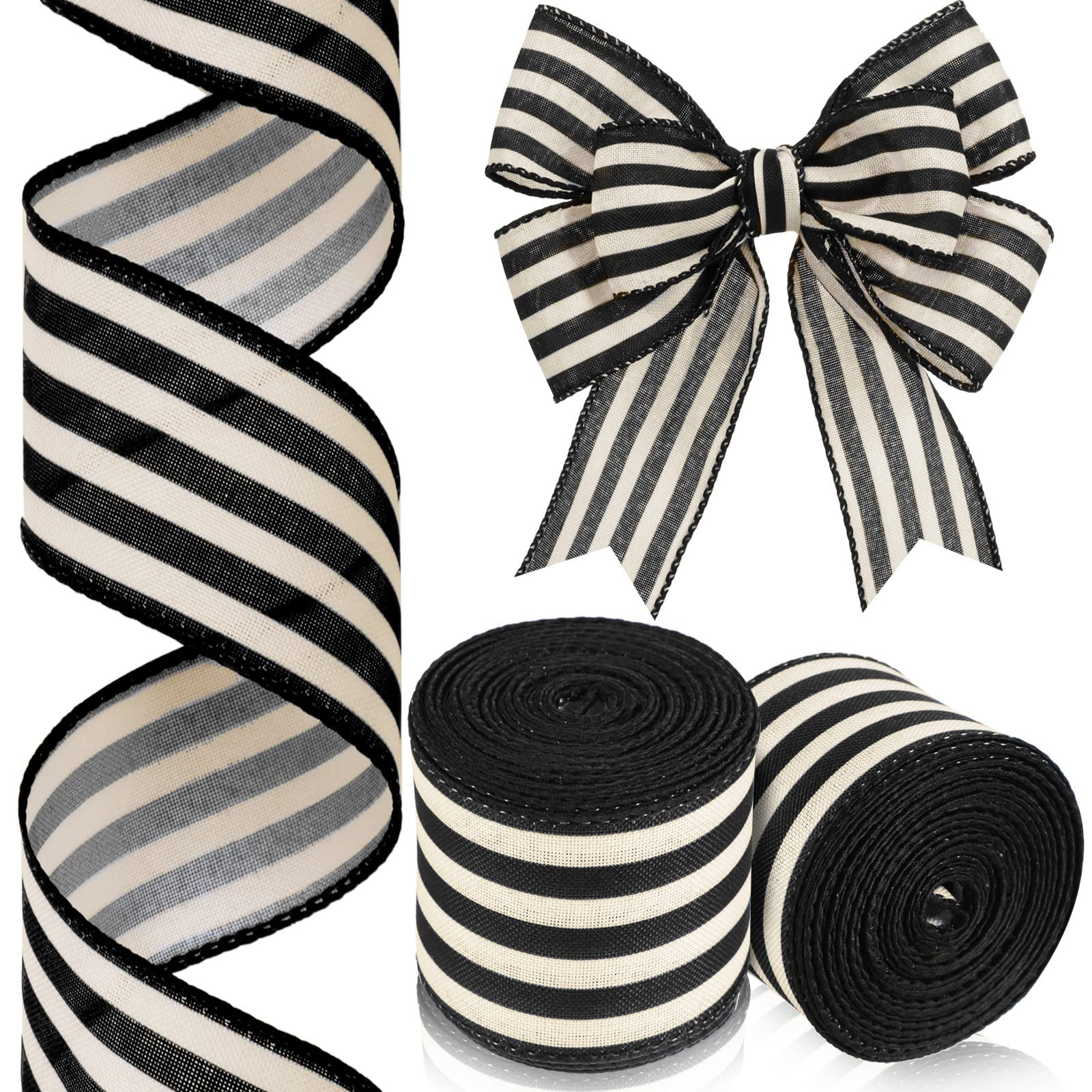 Moukeren 2 Rolls Black and Cream White Stripe Wired Edge Ribbon Halloween Rustic Ivory Boho Black... | Amazon (US)