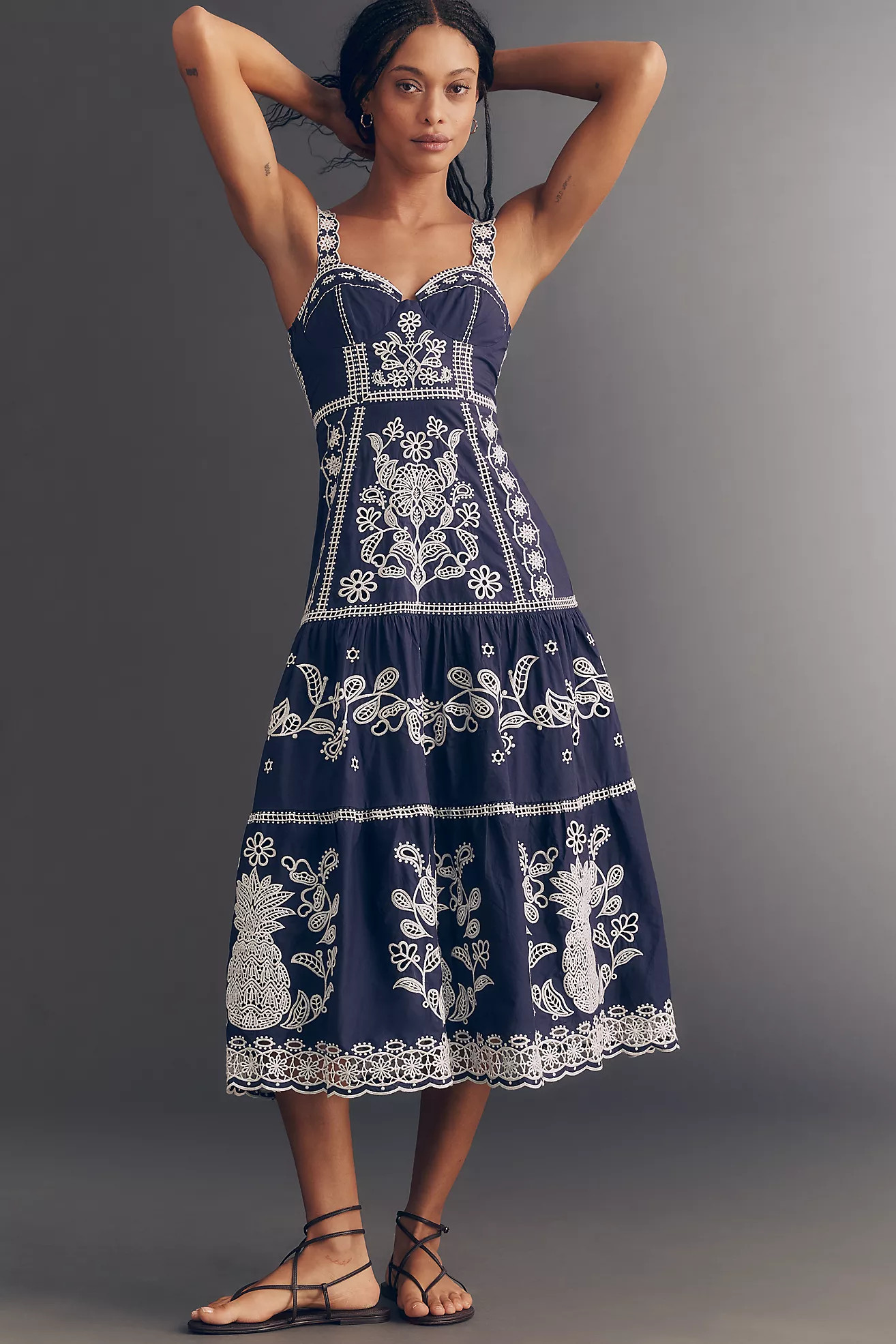 Farm Rio Blue and White Embroidered Midi Dress | Anthropologie (US)