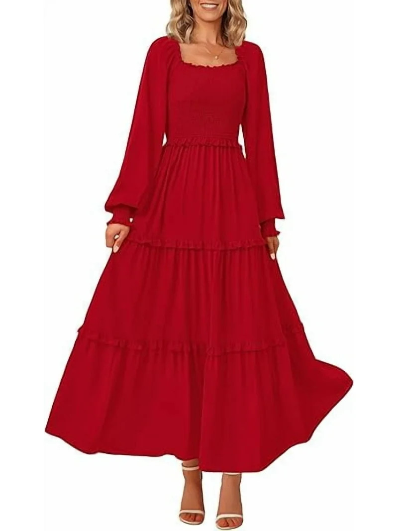 PRETTYGARDEN Women's Smocked Spring Maxi Dress Casual Fall Long Sleeve Square Neck Tiered A Line ... | Walmart (US)
